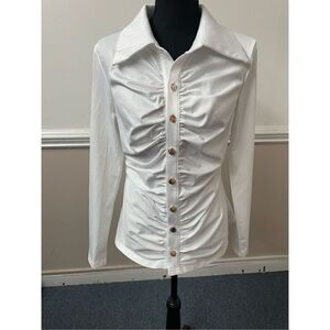 Chicme White V Neck Button Up White Slim Blouse